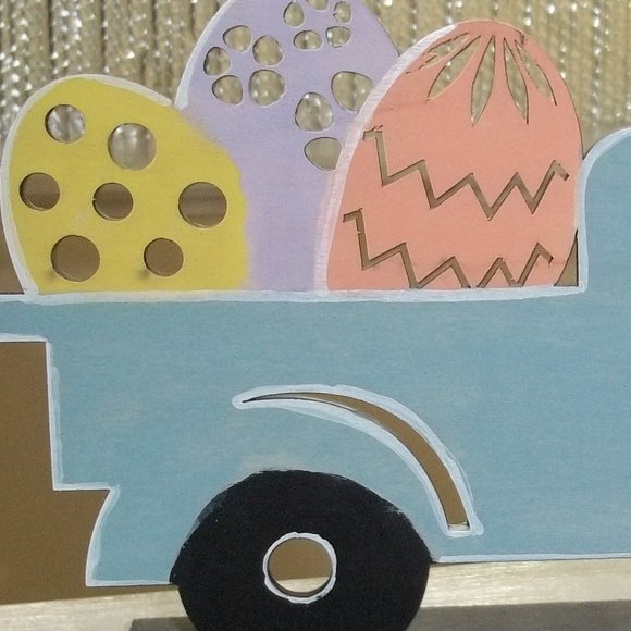 NEW Farmhouse truck Easter Eggs wood wooden with stand 10" X 5.5" X 3" - Picture 3 of 3